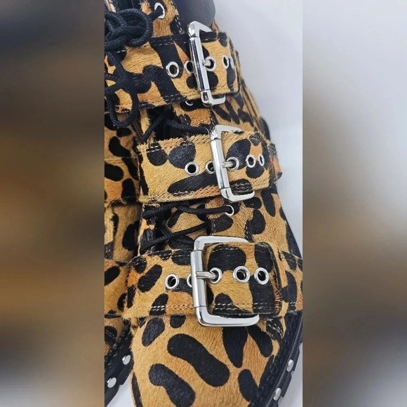 Topshop Leopard Print Pony Skin Ankle Boots  Buckles Biker Zip Size US 6.5 EU 37 - Picture 5 of 14